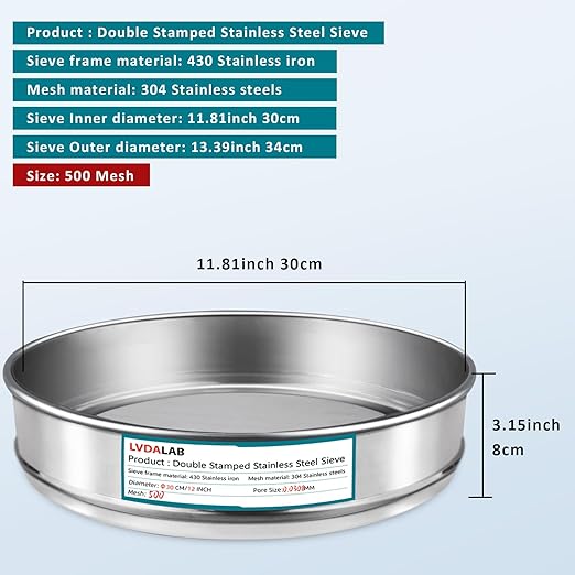 304 Stainless Steel Lab Sieve Screen Mesh, 500 Mesh (0.03mm) Aperture Test Sieve, 12Inch(30cm) Diameter Economy Standard Analysis Sample Test Sieves for Industrial Laboratory Homes