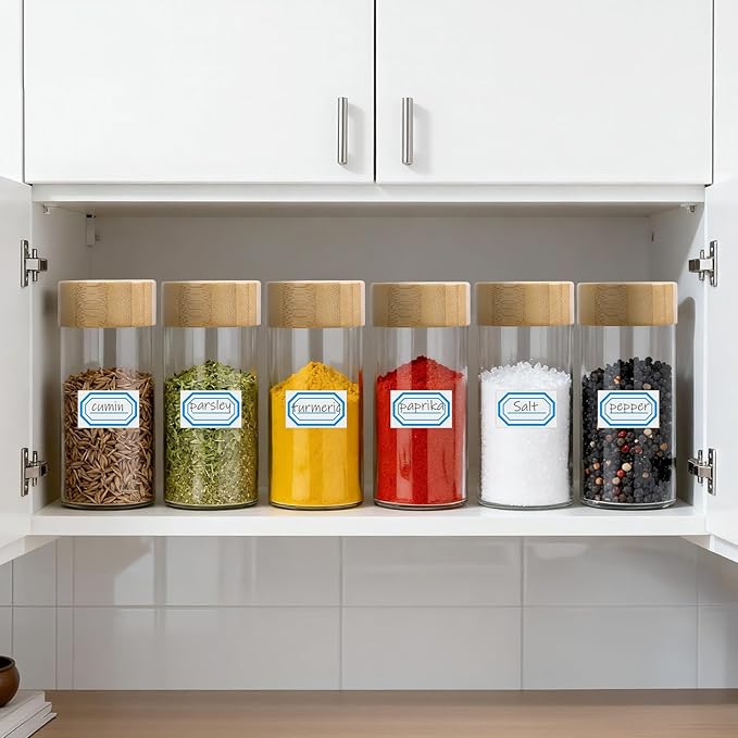 Segarty 4oz Spice Jar with Bamboo Shaker Lids, 3 Pack 120ml Round Spices Jars for Herb Grain Storage, Empty Glass Cabinet Seasoning Organization Set, Clear Salt Pepper Shakers with 7 Stickers, 1 Brush