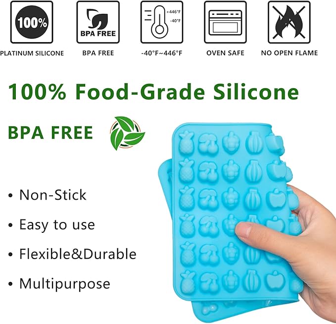 5 PCS Gummy Candy Molds Silicone, Food Grade Non-Stick Gummy Bear Mold Mini Fruit Snacks Molds BPA Free with 2 Droppers Including Mini Dinosaur, Bear, Heart, Fruit and Donut (Blue)