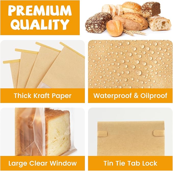 50 Pack Bakery Bags with Window, 5.1x3.9x11 Inches Tin Tie Tab Lock Resealable Cookie Bags for Packaging Bagels, Bread Loaf, Pastry, Baked Goods