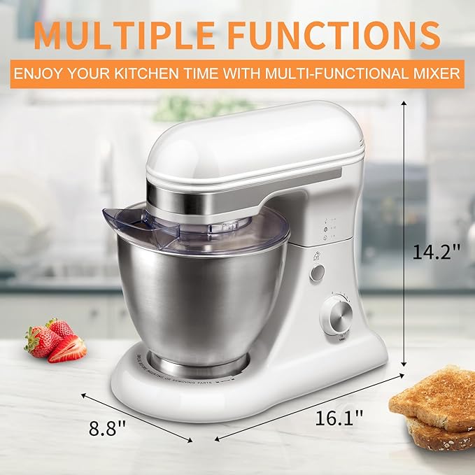 4.8QT Stand Mixer, 12-Speed Electric Kitchen Mixer with Tilt-Head, Stainless Steel Bowl, Egg Whisk, Dough Hook & Beater – Lightweight, Compact for Small Kitchens (White)