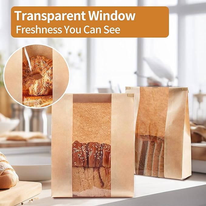 100 Pack Paper Bread Bags for Homemade Bread 14x8.3x3.5 Inches Sourdough Bags with Tin Tie Tab Lock Clear Front Window Large Kraft Bakery Bag, 100 PCS Sealing Stickers