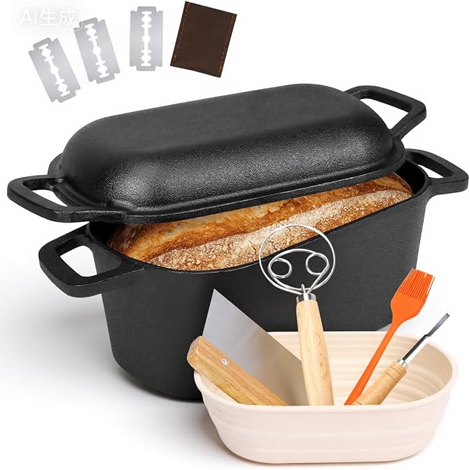 QuliMetal 3.6QT Oval Dutch Oven for Bread Baking - Pre-Seasoned Cast Iron Sourdough Bread Pan with Lid, cast iron loaf pans for bread, Even Heat Distribution for Meatloaf, Homemade Bread