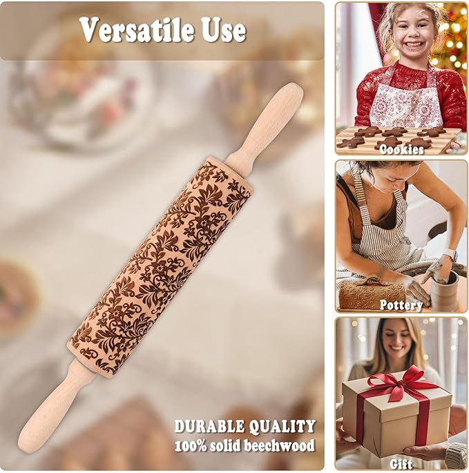 Floral Vine Embossed Rolling Pins for Cookies, Wooden Engraved Rolling Pins for Baking, Embossing Rolling Pins with Designs, Patterned Rolling Pin Decorative Springerle Mold Stamp Clay Pattern Roller