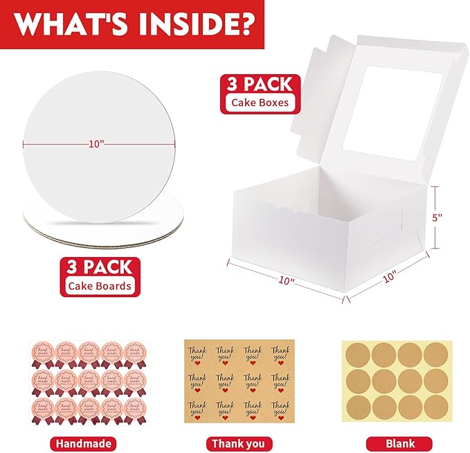 3 Pack Cake Boxes, 10x10x5 Inches Cake Boxes with Boards, White Square Bakery Boxes with Window, Disposable Cake Containers with Lids for Pastry Pie Cookies Chocolates Wedding Birthday Party