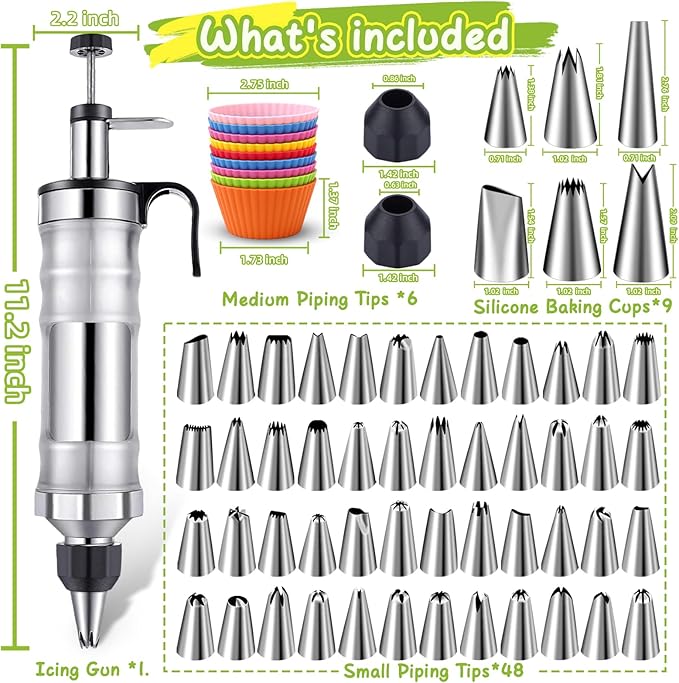 NOVANO Dessert Decorating Syringe Set, Frosting Piping Kit Stainless Steels Cake Decorating Kit with 54 Piping Tips & 9 silicone cupcakes, Cupcake Decorating Kit Piping Bags and Tips Set (Black)
