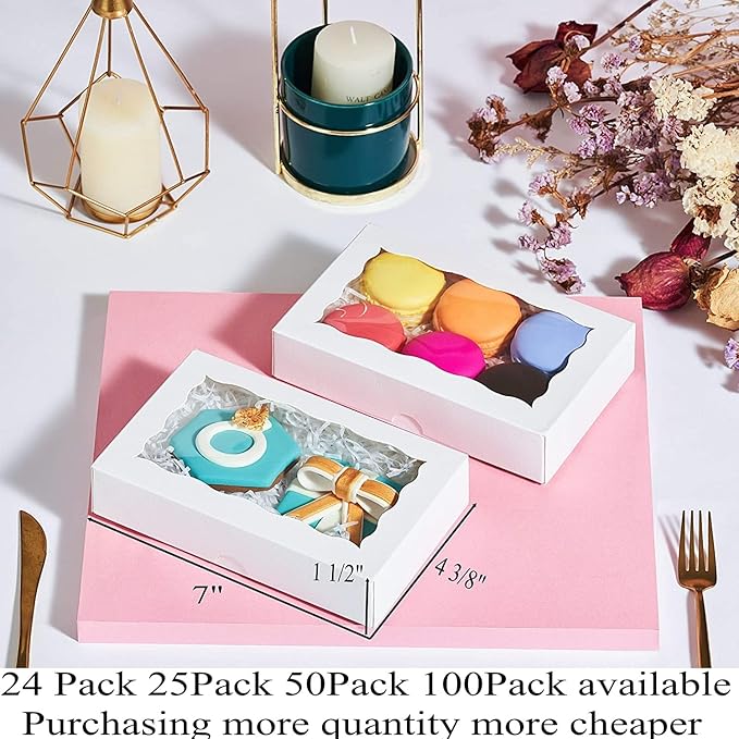 RomanticBaking 50 Pack White Cookies Boxes 7 x 4 3/8 x 1 1/2inches Auto-Popup Sturdy Bakery Boxes with Window,Macaron Boxes Hot Chocolate Bombs Boxes Cakesicle Boxes