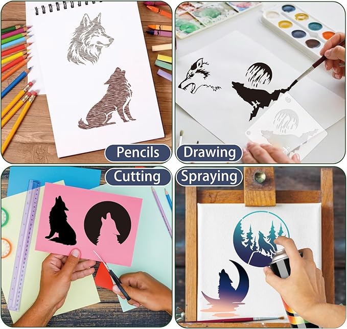 45pcs Wolf Stencils for Painting on Wood Howling Wolf Head Stencils Paint Wolves Burning PatternsTemplate on Canvas Wall Fabric Rock (45 Wolf)