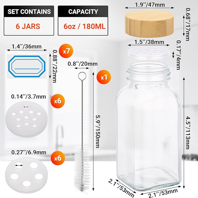 Segarty 6oz Spices Jars with Bamboo Shaker Lids, 6 Pack 180ml Square Spice Containers, Empty Glass Seasoning Organizers Spices Cereal Storage Set, Large Salt and Pepper Shakers, 7 Stickers and 1 Brush