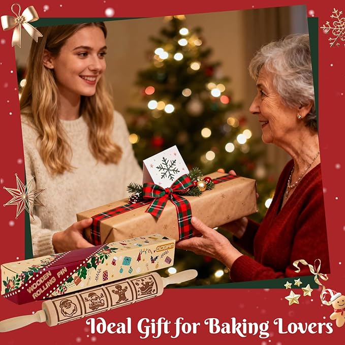 Gobam Embossed Rolling Pin for Cookies, Engraved Wooden Rolling Pin for Baking, Deep Pattern Cookie Roller for Christmas, Holiday, DIY Kitchen Decor and Gift - Christmas Classic