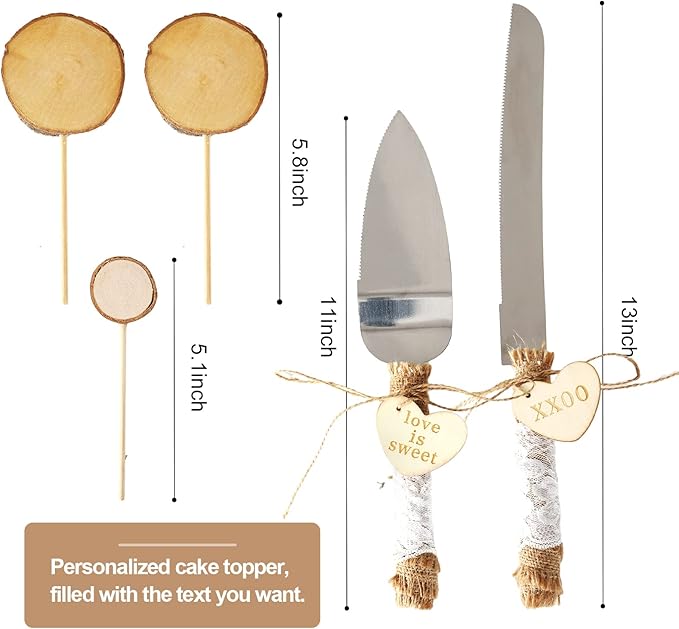 12” Wood Cake Stand with Wooden Slice Cake Topper and Cake Cutting Set, Suitable for Wedding Receptions or Any Special Events