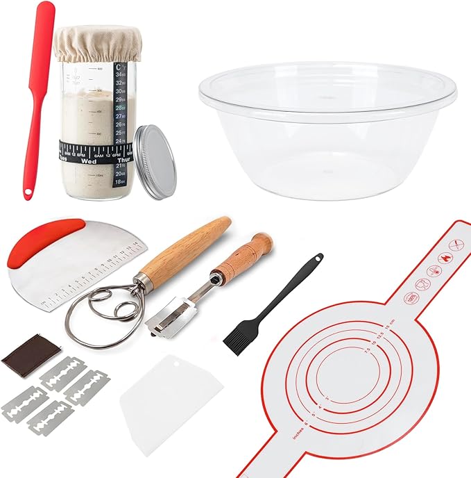 Sourdough Starter Kit,Sourdough Bread Baking Supplies with 24oz Glass Sour Dough Starter Jars and Mixing Bowl,Baking Accessories,Sour Doughs Tools,Bakings Mat Dough Scraper, Lid & More