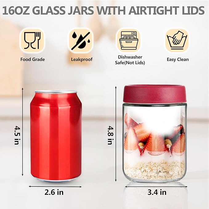 12-Pack 16oz Glass Jars with Lids, Airtight Overnight Oats Containers, Salad& Yogurt Storage, Mason Jars for Snacks, Spices, Meal Prep – Reusable
