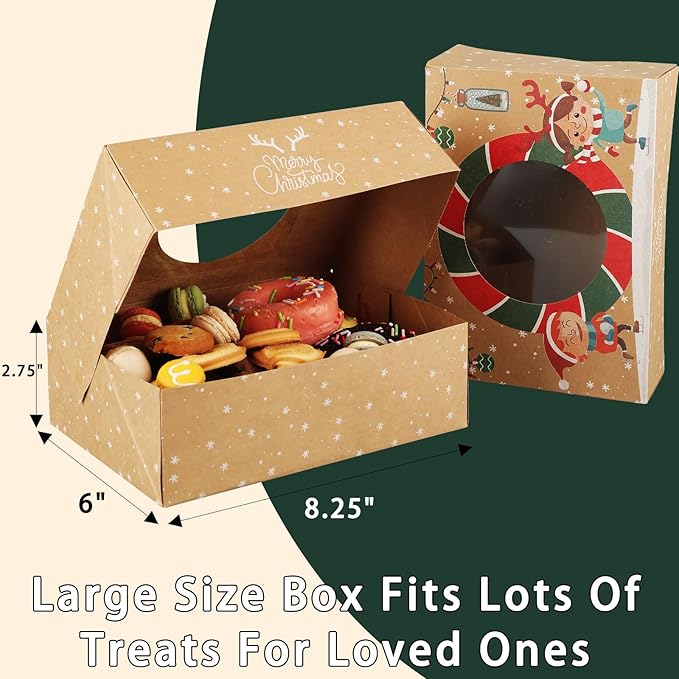 12pcs Christmas Cookie Boxes - 8.25inx5.75inx2.75in - Kraft Paper Bakery Treat Boxes for Holiday Gifts & Parties