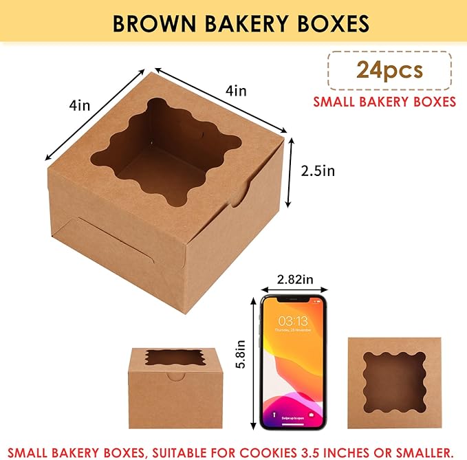 Moretoes 24pcs Bakery Boxes with Window, 4x4x2.5 Inches Brown Cookie Boxes for Small Pastries, Cookies Treats and Desserts