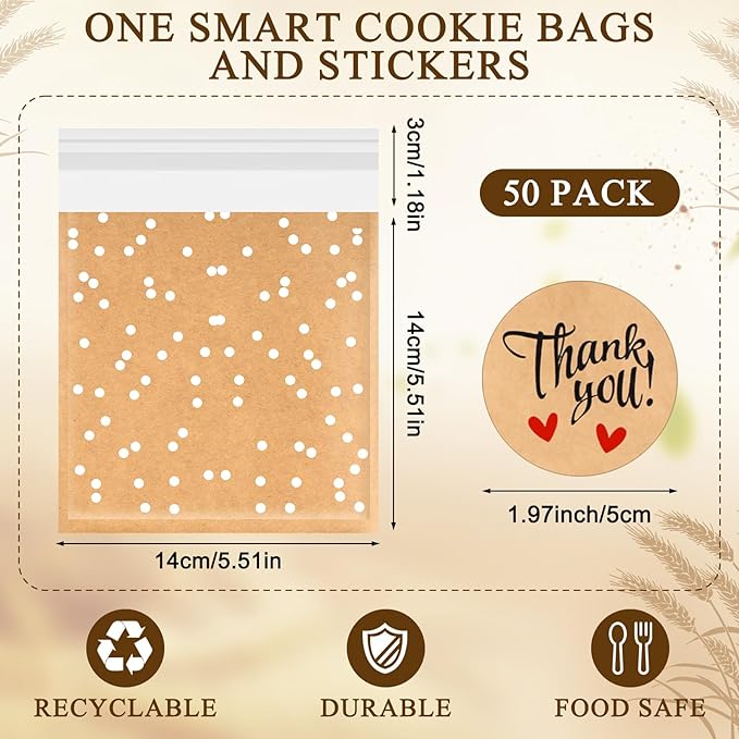 Self Adhesive Cookie Bags Cellophane Polka Dot Treat Bags Small Plastic with Thank You Stickers for Party Gift Giving Bakery Biscuit Candy Pastry(5.6 x 5.6 Inch,Small Dot,50 Pcs)