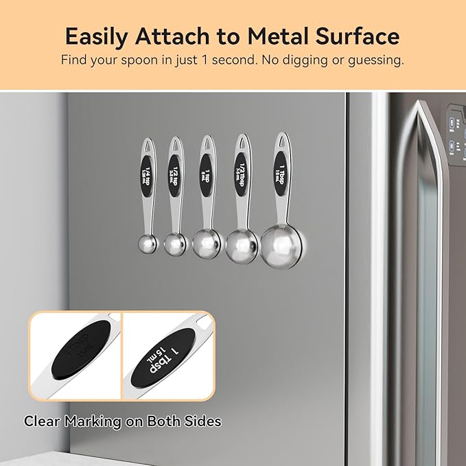Magnetic Measuring Spoons Set of 5, Stainless Steel Measure Spoon for Baking & Cooking, Stackable Metal Kitchen Gadgets Essentials