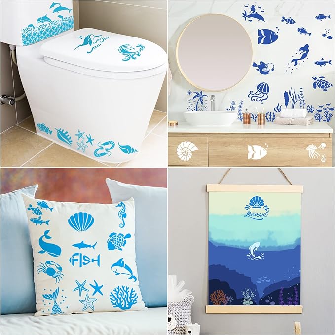 66 Pcs Small Stencils for Crafts Reusable 3 Inch Stencils for Painting on Wood DIY Craft Paint Template for Wall Home Decor Card Rock Canvas Drawing Holiday Ornament(Ocean)