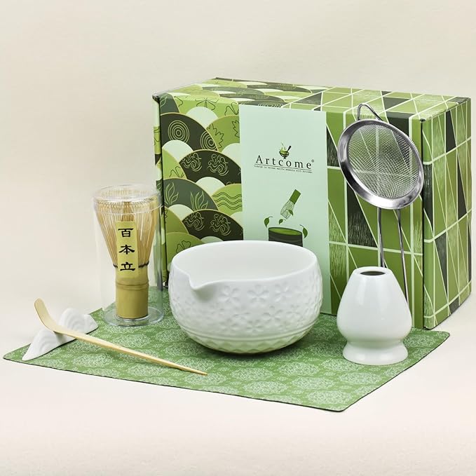 Artcome Matcha Tea Set – Green Sakura Embossed Ceramic Bowl 17oz with Bamboo Whisk, Whisk Holder, Strainer, Scoop, Tea Spoon, Cloth – Traditional Japanese Matcha Kit for Daily Use & Gift Giving