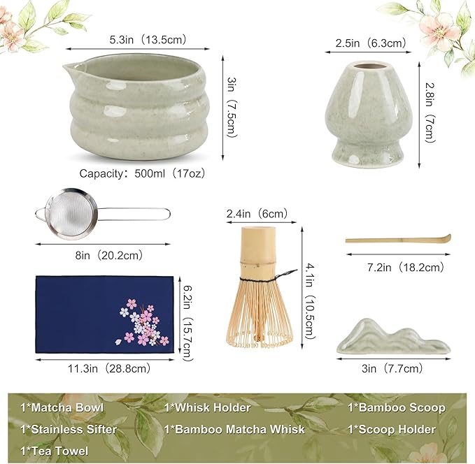 Matcha Whisk Set Mottled Green, Ceramic Matcha Kit Set Christmas Gift Includes Matcha Bowl, Matcha Whisk and Holder, Bamboo Scoop, Scoop Rest, Sifter and Tea Towel - 7 Pcs Matcha Kit for Lovers
