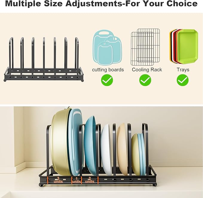 Cutting Board Organizer Rack, 1-Pack Adjustable Bakeware Organizer Holder for Cabinet Countertop, 7 Slots Metal Rack Cookie Baking Sheet, Pot Pan Lids Divider Kitchen Organization Storage, Black
