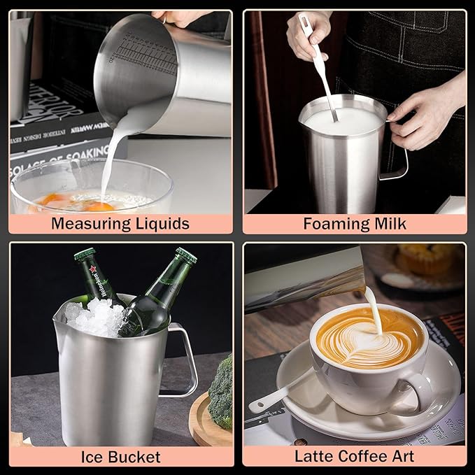 Stainless Steel Pitcher with Lid, 70 oz Large Metal Measuring Cup with Handle, 8 Cup Milk Frothing Jug 2 Liter Water Pitcher for Coffee Latte Art Cappuccino Espresso Machine Accessories