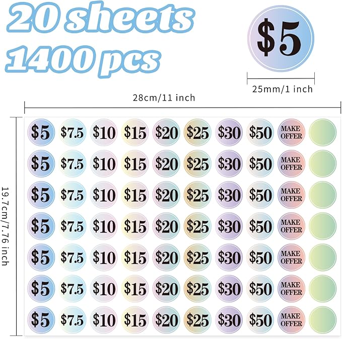 Starboling Garage Sale Stickers - 1400 Pcs, 1 Inch Big, Gradient Color Flea Market Pre-Printed Pricing Stickers