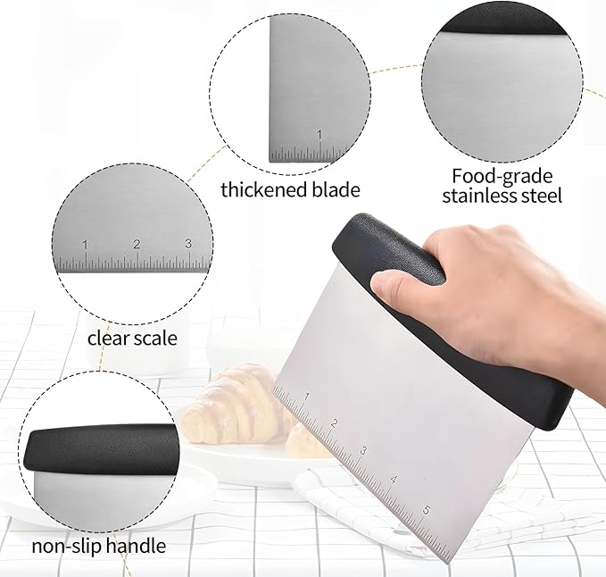 Bench Scraper Cutter,Pastry Scraper with Non-Slip Ergonomic Handle,Stainless Steel Dough Cutter for Baking and Cooking