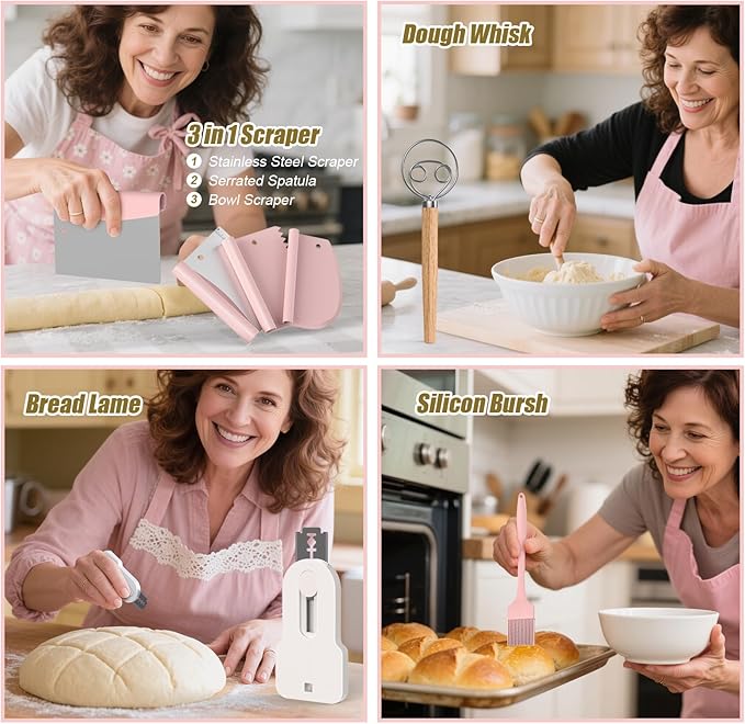 CINNIE&JHIN Pink Sourdough Starter Kit, Complete Baking Tools Set with Proofing Baskets, Pink Design Gifts for Women Bakers - Bread Making Supplies with Jar, Lame, Scraper, Bag & More