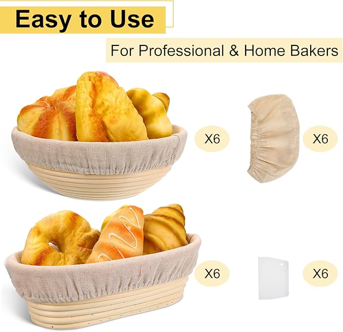 Geetery Set of 12 Proofing Basket, 10 Inch Round Oval Cane Bread Proofing Baskets with Sourdough Bread Baking Supplies, Making Kit for Dough Baking