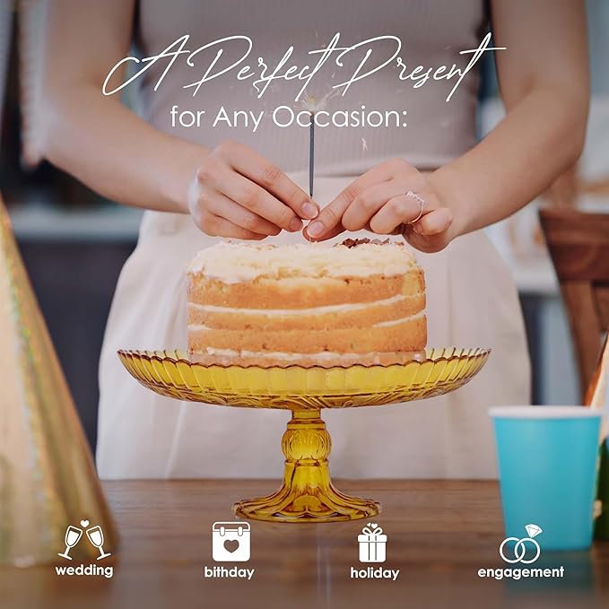Amici Home Flower Footed Glass Cake Stand | Round Vintage Style Cake Plate | Serving Platter for Cupcakes, Cookies | Dessert Display Stand for Parties, Weddings, and Gift | 10” D x 4” H (Amber)