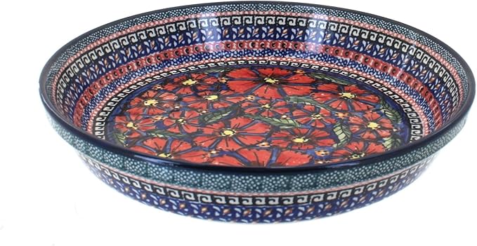 Blue Rose Polish Pottery - Red Jungle Flower Pie Plate - 9.75" Diameter - Ceramic Baking Dish, For Pies, Quiches & Desserts