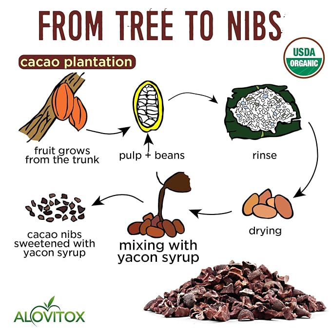 Cacao Nibs Naturally Sweetened with Yacon Syrup | Raw Organic, Sugar Free, Keto, Paleo and Vegan Friendly | Antioxidant and Protein Rich Criollo Chocolate Snack by Alovitox | 16 oz (2 x 8 oz)
