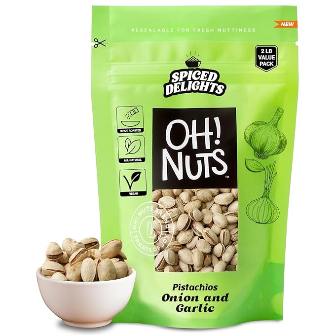 Oh! Nuts Spiced Pistachios – Garlic & Onion, 2 LB – Bold Savory Snack, Roasted Pistachios Seasoned to Perfection – Packed in Resealable Bag for Lasting Freshness
