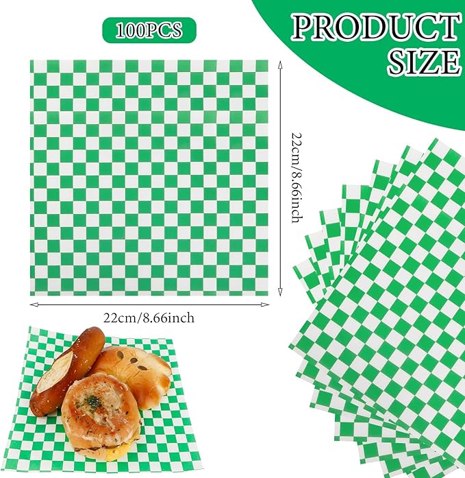 200 Pcs Wax Paper Sheets for Food Deli Wrap Paper Sheets 8.5x8.5"Food Basket Liners Checkered Square Sandwich Wraps for Burgers Bread Restaurant Barbecue Picnic(Green)