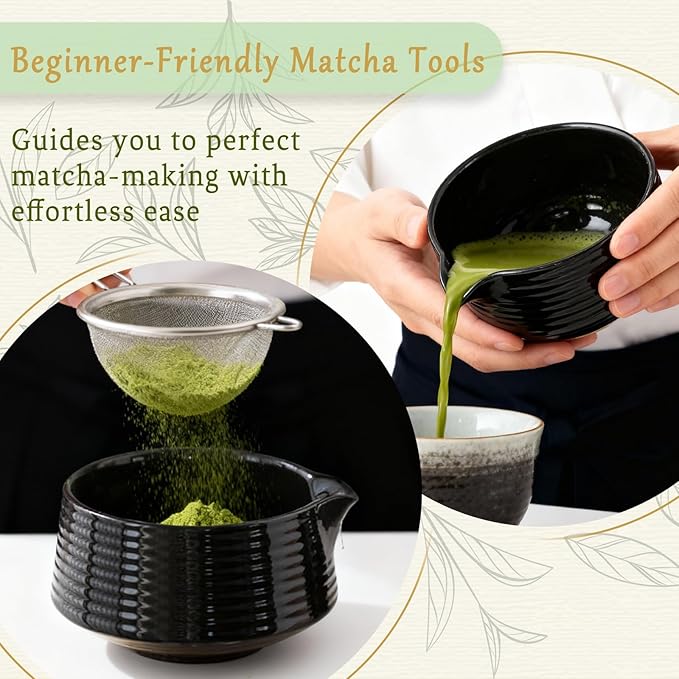 8 Pcs Matcha Whisk Set Chasen Matcha Whisk Bamboo Bowl with Spout Sifter Spoon Scoop Whisk Holder Bamboo Mat Complete Matcha Making Kit (Black)