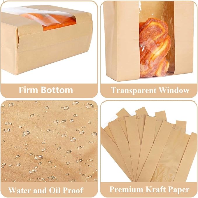 25 Pack Large Paper Sourdough Bread Bags for Homemade Gifting Bakery Bags with Window for Baked Food Packaging Storage Bags with Seal Stickers (11.8x8.2x3.5inch)