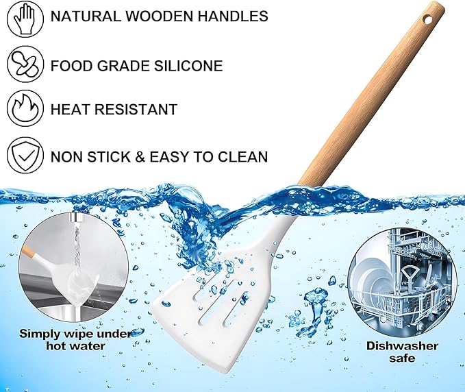 12-Piece Silicone Kitchen Utensil Set with Wooden Handles – Heat Resistant Cooking Tools – Spatula, Spoon, Tongs, Whisk & Holder – Nonstick Cookware Safe – White, Gray, Black (White)