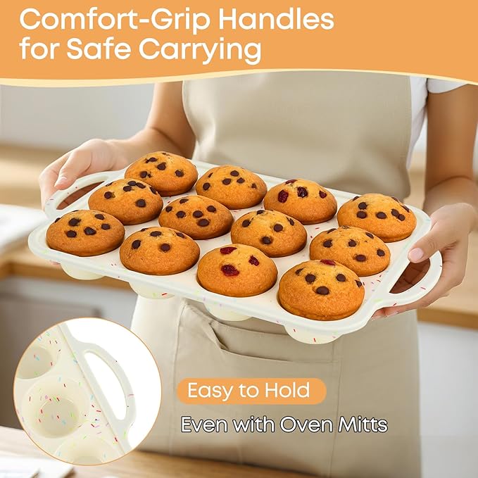 2-Pack 12-Cup Silicone Cupcake Pan, Nonstick Flexible Muffin Pan, Dishwasher Safe Muffin Tray with Handles, Seamless Silicone Muffin Tin for Baking Egg Bites & Cupcakes