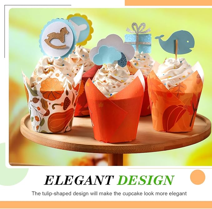 500 Counts Thanksgiving Tulip Cupcake Liners Birthday Party Muffin Cupcake Baking Liners Grease Proof Cake Liner Holders for Fall Christmas Halloween Birthday Party(Leaf)