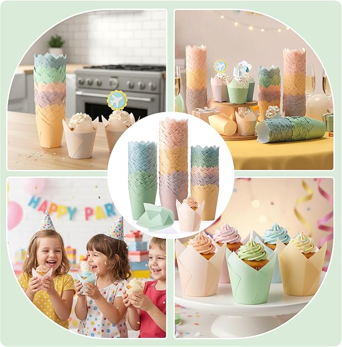 Havawish 500 pcs Tulip Cupcake Liners, Party CupCake Baking Liners Greaseproof Wrappers Muffin Liner Holders for Wedding Birthday Baby Shower Holiday Party Baking Cups(Morandi Colors,Standard Size)