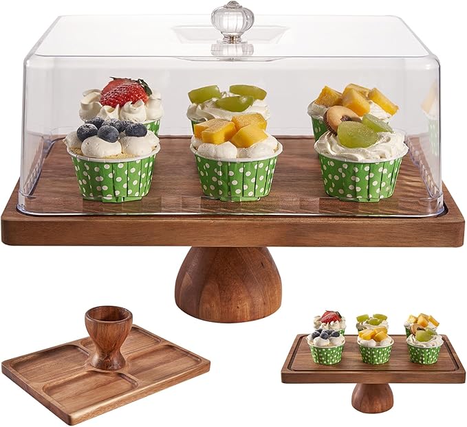 Cake Stand with Lid, 13″ Rectangular Multi-Functional Cake Holder, Acacia Solid Wood 2-in-1 Dessert Table Display Set, Charcuterie Board for Cheese ,Fruit Platter, Large Acrylic Cake Dome Cover