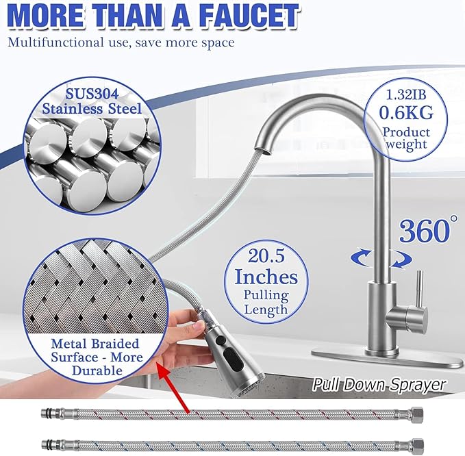 Stainless Steel 304 Kitchen Sink Faucet with Pull Down Spray Outdoor RV Kitchen Faucet Pull Out Extension Utility Farmhouse Faucets for Sink 1 Hole,Single Handle Rent Apartment Dorm