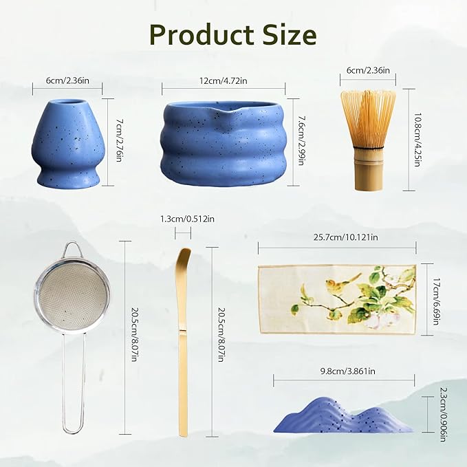 cjc 7-Pcs Matcha Whisk Set, Japanese Matcha Set: Ceramic Matcha Bowl with Spout, Bamboo Whisk & Holder, Spoon, Spoon Holder, Sifter, Tea Cloth –Complete Gift Set for Matcha Lover (Blue）