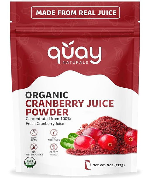 Quay Naturals Organic Cranberry Juice Powder, 4oz | Made from US-Sourced Cranberries | USDA Organic, Freeze-Dried, Non-GMO, No Additives | For Smoothies & Baking