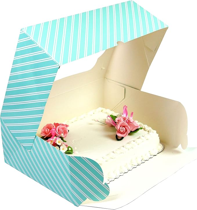 Global Sugar Art Auto-Popup Quarter Sheet Cake & 12 Cupcake Box with Window and Cupcake Inserts, Designer Blue Stripe 14 x 10 x 4 Inches, 5 Count