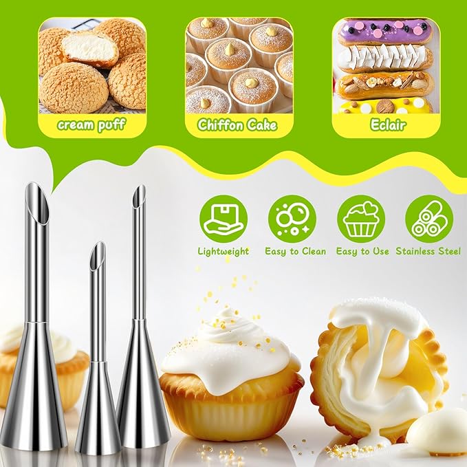 Suuker Cream Piping Tips, Stainless Steel Long Cream Puff Nozzle Decor Small Pastry Icing Piping Decorating Tools (3 Pieces)