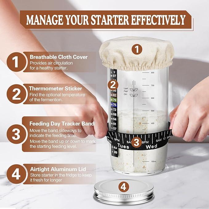 Sourdough Starter Kit, 9'' Round Banneton Proofing Basket, 36oz Sourdough Starter Jar, Bread Lame, Dough Scraper, Dough Whisk & Silicone Bread Sling