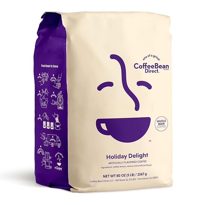 Coffee Bean Direct Holiday Delight Flavored, Whole Bean Coffee, 5 Pound Bag (Pack of 1)