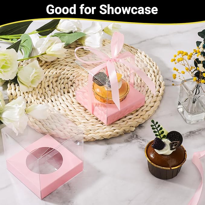 EUSOAR Plastic Clear Cupcake Holder, 24pcs 3.5 Inch Pink Single Cupcake Carrier with Ribbon and Inserts, Cupcake Carrier Storage for Cake Dessert Cupcake Boxes for Wedding Birthday Party Favor